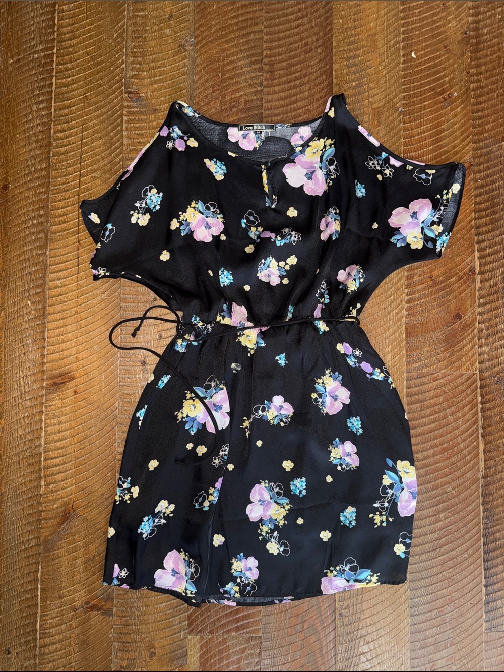 Love Stitch Black Floral Keyhole Top with Pastel Blooms